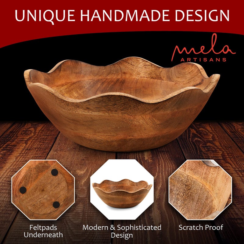 Mela Artisans Scalloped Decorative Wooden Bowl | 12 Inch Mango Wood Fruit & Serving Bowl | Natural Grain Finish | For Kitchen Counter | Snacks | Desserts | Bread | Handcrafted Home Decor - Image 3